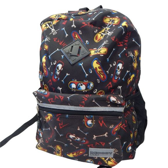 REBOOT Shred Black Unisex Backpack Skulls and Flames 2 Zipper Pockets - Picture 2 of 7